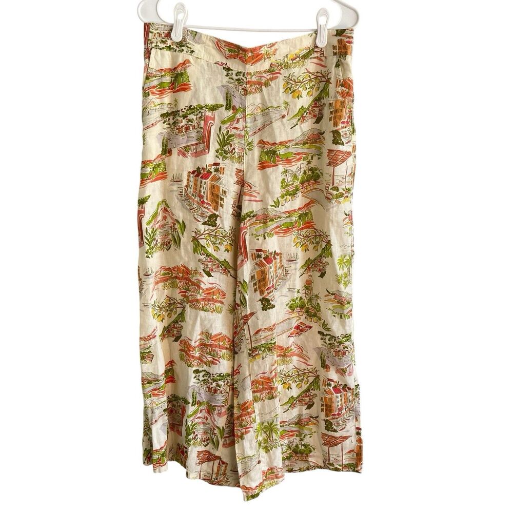 Cynthia Rowley 100% Linen Printed Wide Leg Pull On Capri Pants Pocket Women L